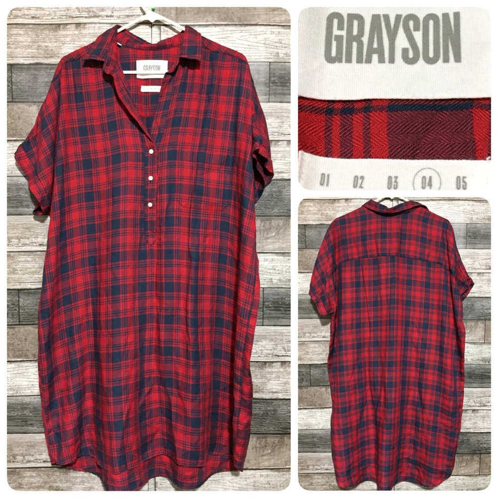 Grayson Artist Plaid Shirt Dress Women’s 04 Red Blue Cuffed Sleeves 100% Lyocell